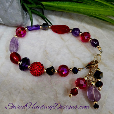 Exquisite Red and Purple Dangle Bracelet With Gold Filled Beads