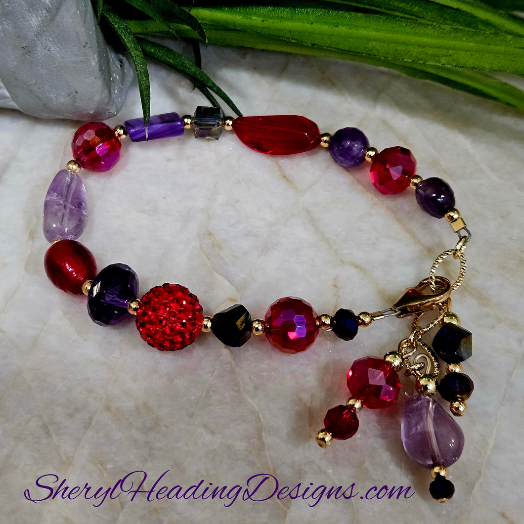 Exquisite Red and Purple Dangle Bracelet With Gold Filled Beads