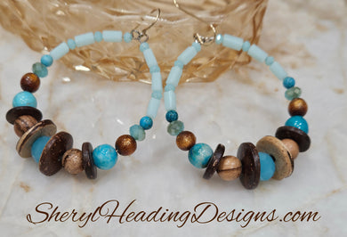 Turquoise and Wood Gold- Filled Hoop Earrings