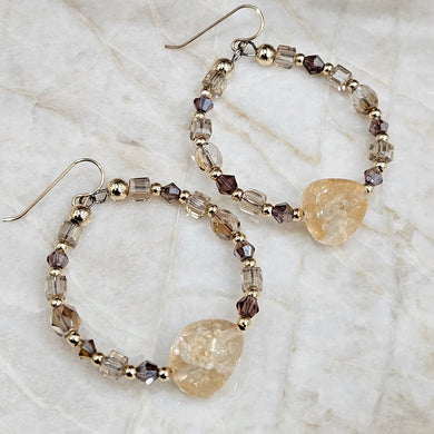 Classy Citrine, Gold and Crystal Hoop Earrings