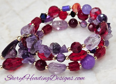 Red and Purple With Gold Beads Wrap Bracelet