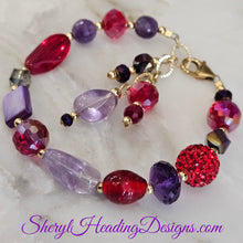 Exquisite Red and Purple Dangle Bracelet With Gold Filled Beads