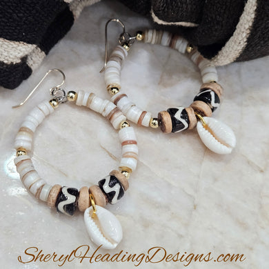 Cream Cowrie Shell Gold Filled Hoop Earrings