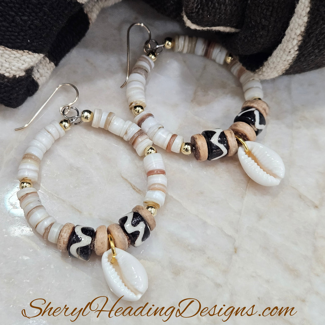 Cream Cowrie Shell Gold Filled Hoop Earrings
