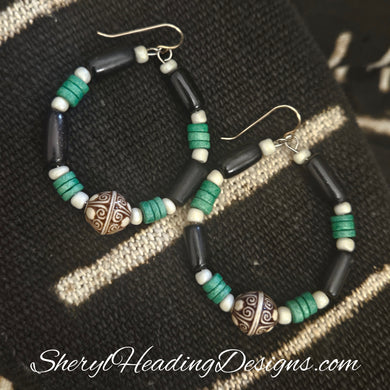 Black, Green and White Gold-Filled Hoop Earrings with Cowrie Shells