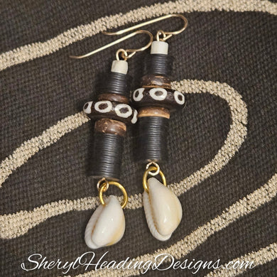 Tribal Dangle Gold Filled Earrings with Cowrie Shell