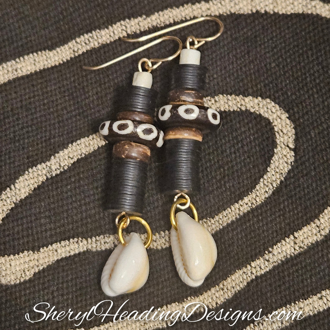 Tribal Dangle Gold Filled Earrings with Cowrie Shell