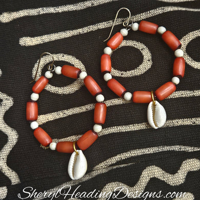 Red and White Cowrie Shell Hoop Earrings with Golf Filled Ear Wire