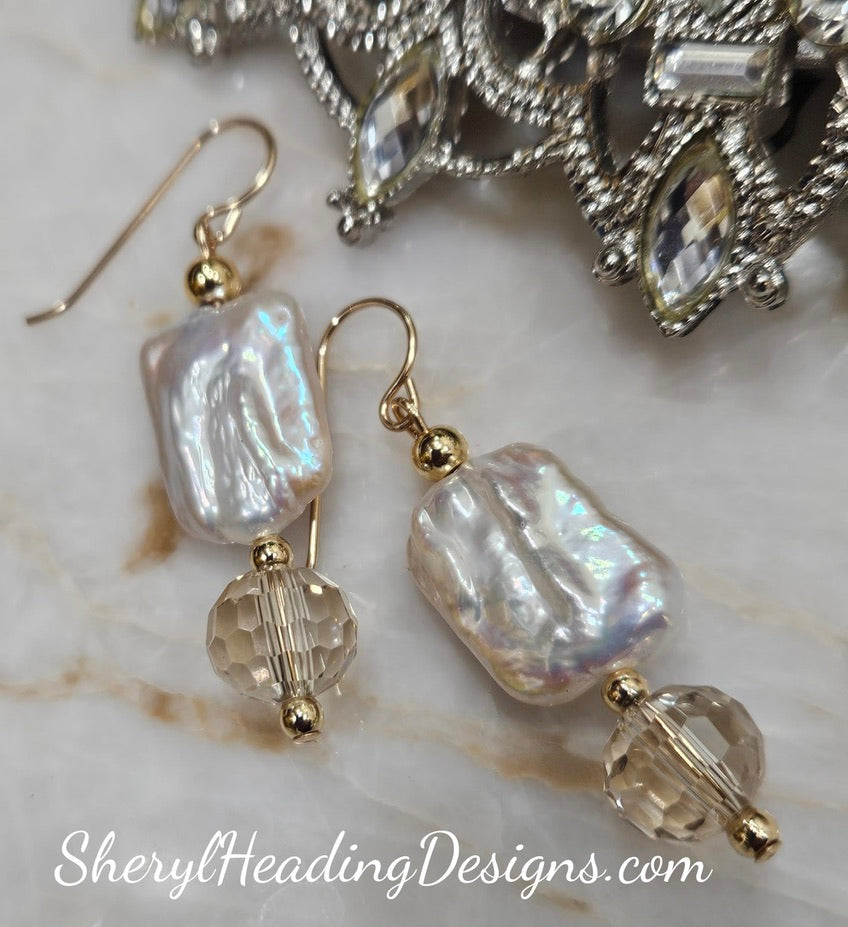 Luminous Pearl, Crystal and Gold Filled Earrings