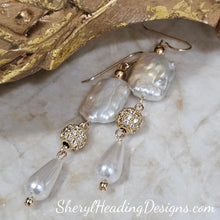 Sophisticated Luminous Puffed Pearl Gold Filled Pearl and Crystal Ball Long Dangle Earrings