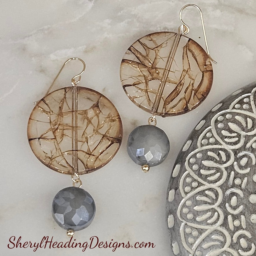 Iridescent Gray and Creme Brulee' Gold Filled Dangle Earrings