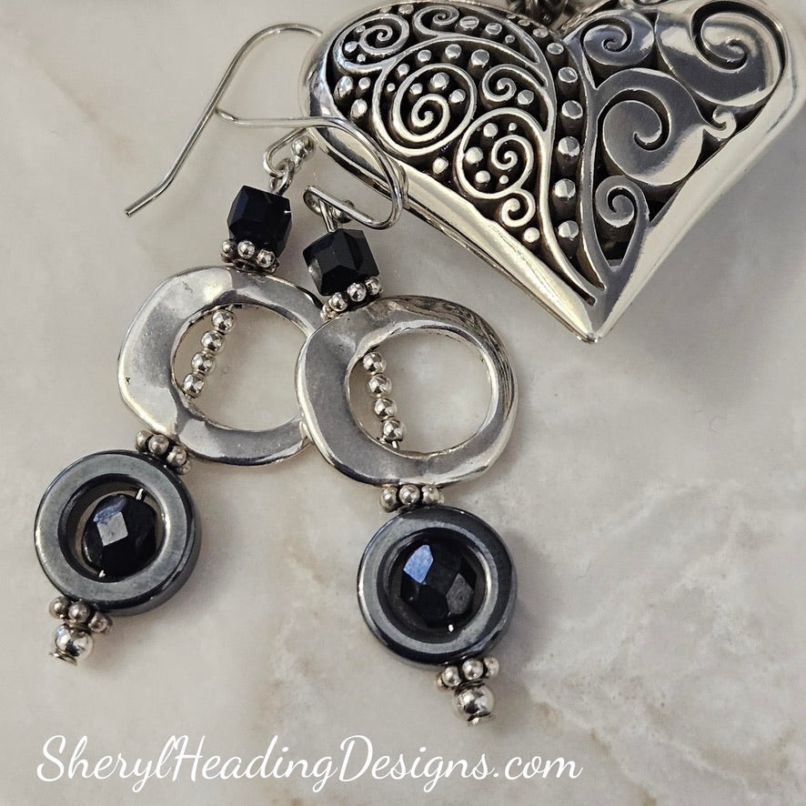 Ms. Fancy Sterling and Hematite Beaded Dangle Earrings - Sheryl Heading Designs