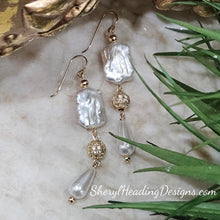 Sophisticated Luminous Puffed Pearl Gold Filled Pearl and Crystal Ball Long Dangle Earrings