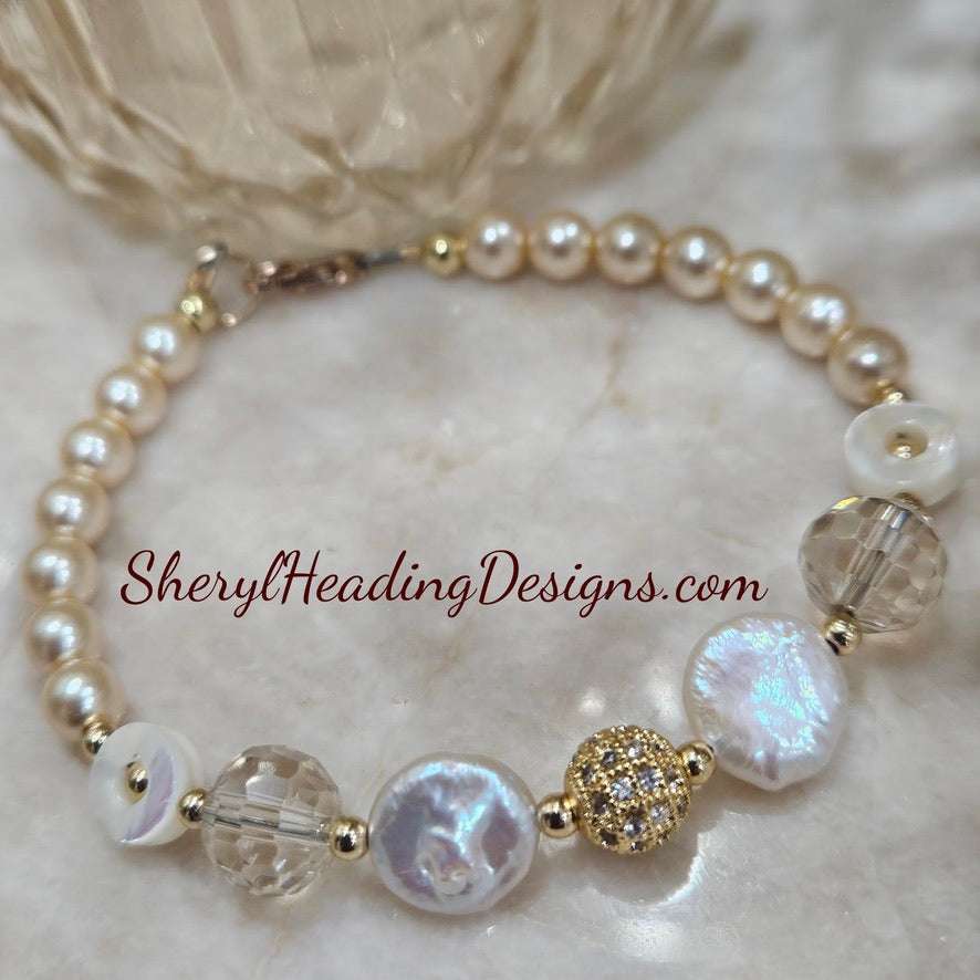 Sweetheart Bracelet with Pearls, Crystals and Gold Beads and Gold Filled Clasp