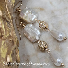 Sophisticated Luminous Puffed Pearl Gold Filled Pearl and Crystal Ball Long Dangle Earrings