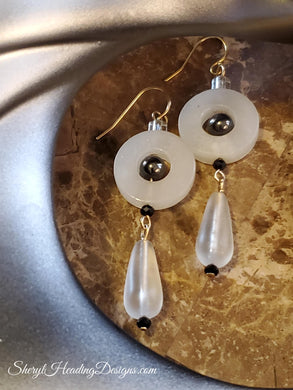 Black, White and Hematite Dangle Earrings