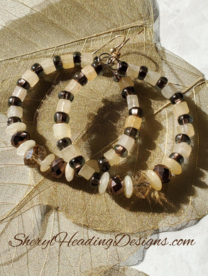 Coffee and Cream Hoop Earrings with Crystal Focal Point Bead - Sheryl Heading Designs