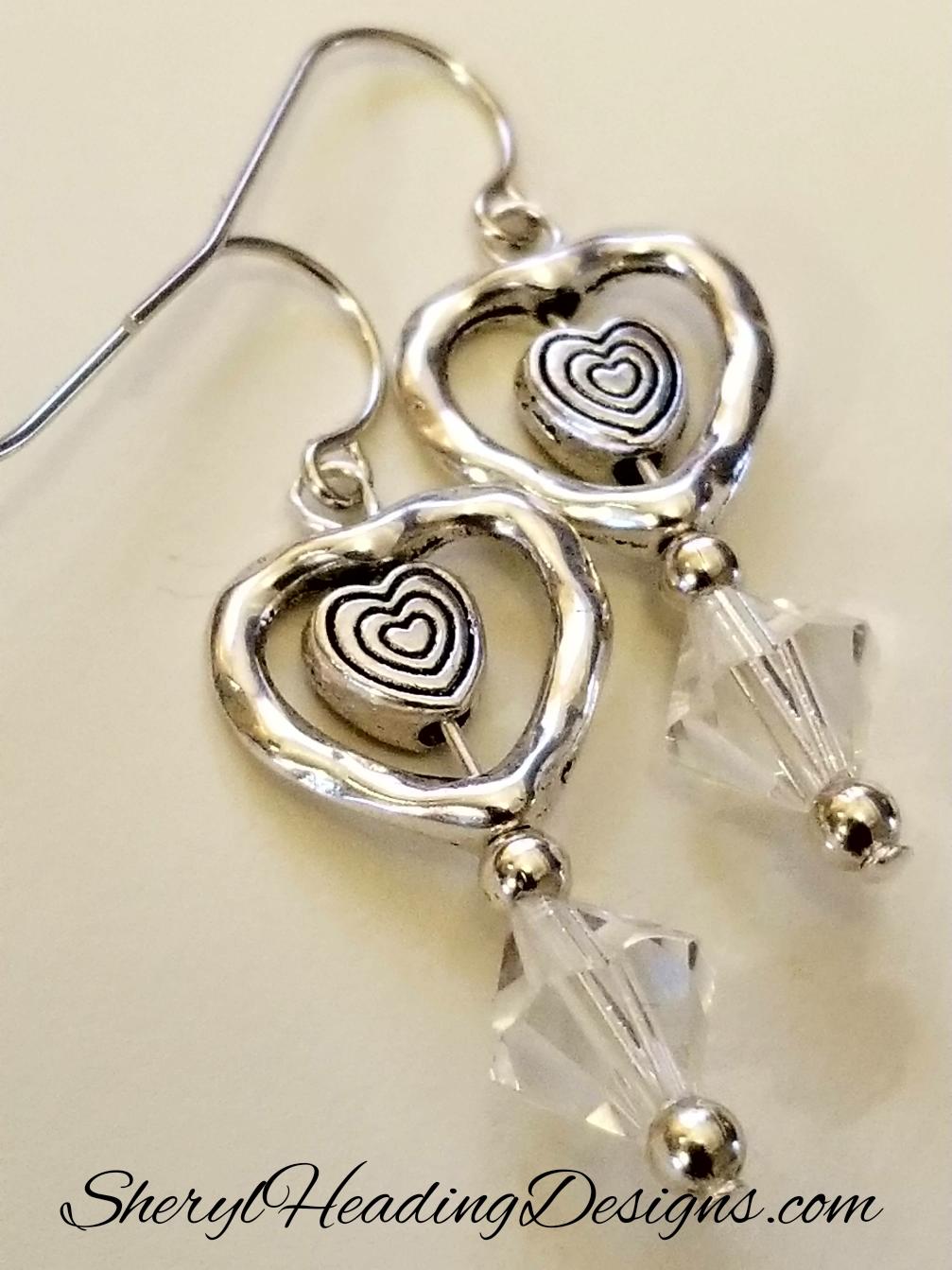 Just Love Em' Silver and Crystal Dangle Heart Earrings - Sheryl Heading Designs