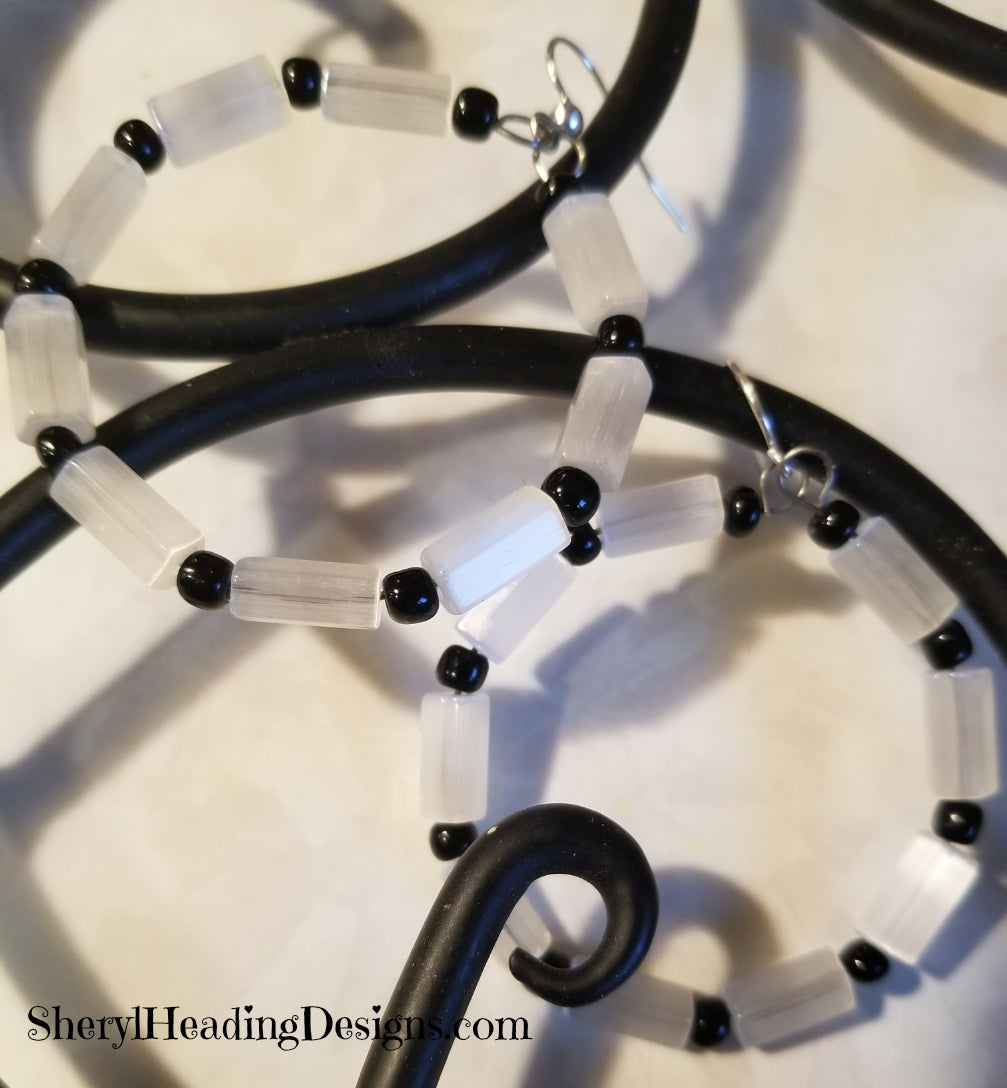 Spaced White Black Beaded Hoop Earrings - Sheryl Heading Designs