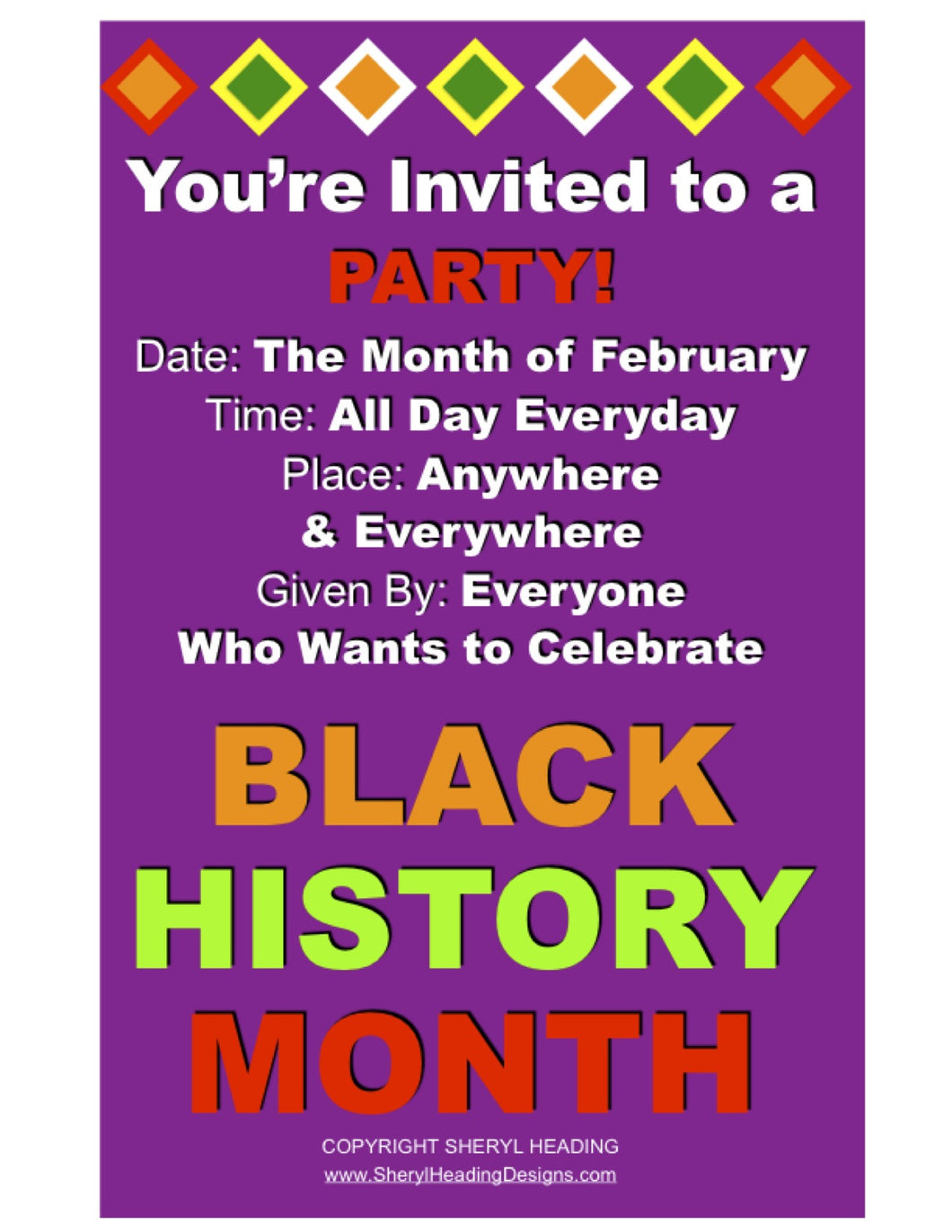 Black History Month You're Invited to a Party!  Plum, Gold Or Green Poster - Sheryl Heading Designs